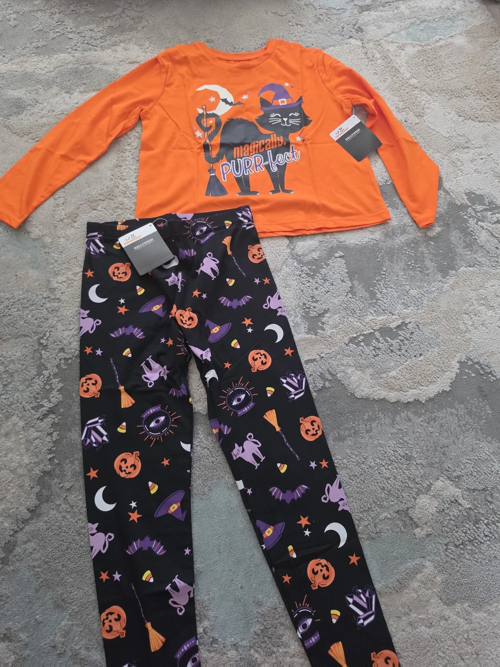 Kids Halloween Cat Witch Costume Pajama Set - Orange & Black